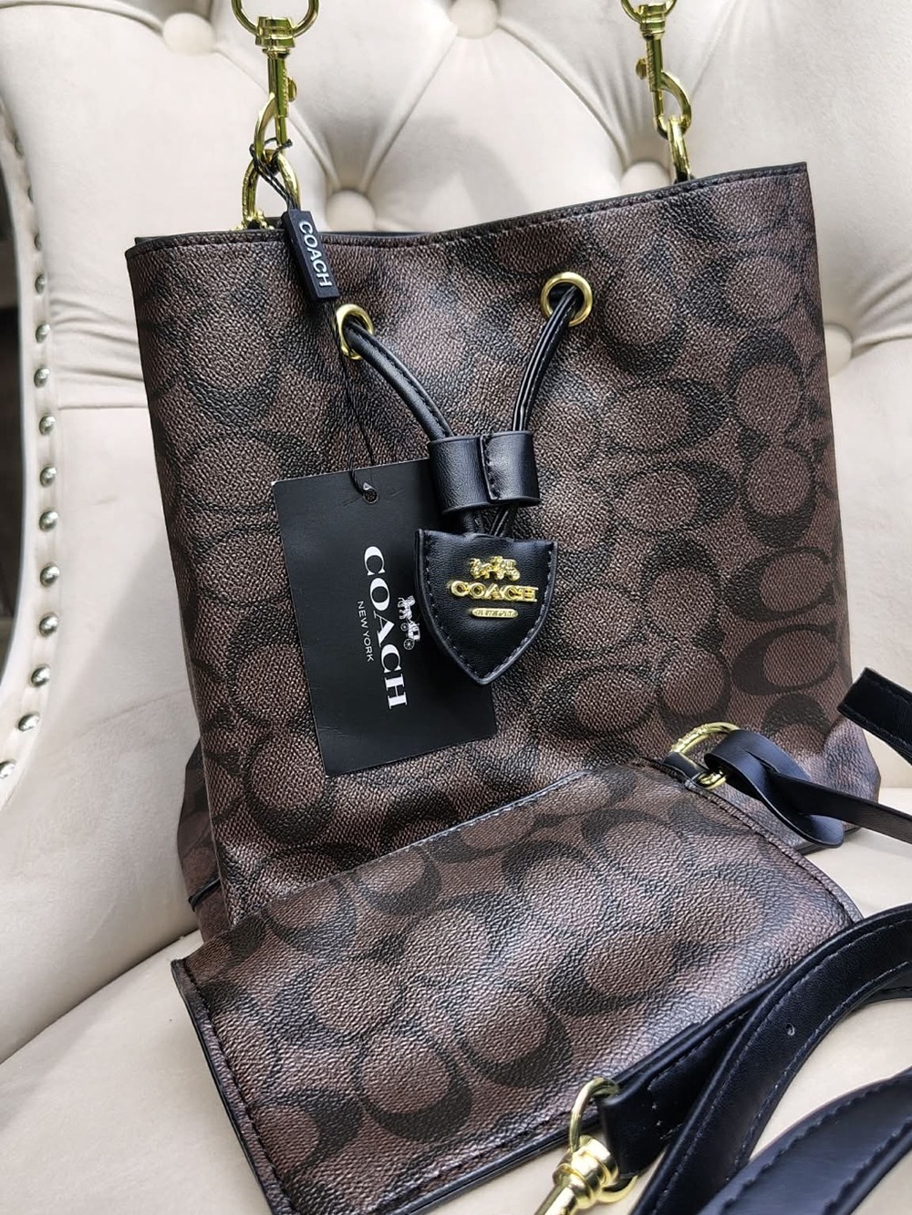 Coach Brown Signature Drawstring Tote with Black Trim and Gold Hardware